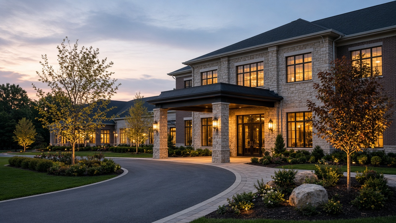 Farmington Hills Manor venue exterior at dusk