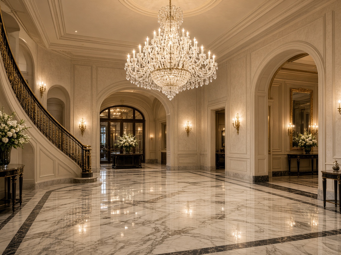 Marble foyer and chandelier at Farmington Hills Manor